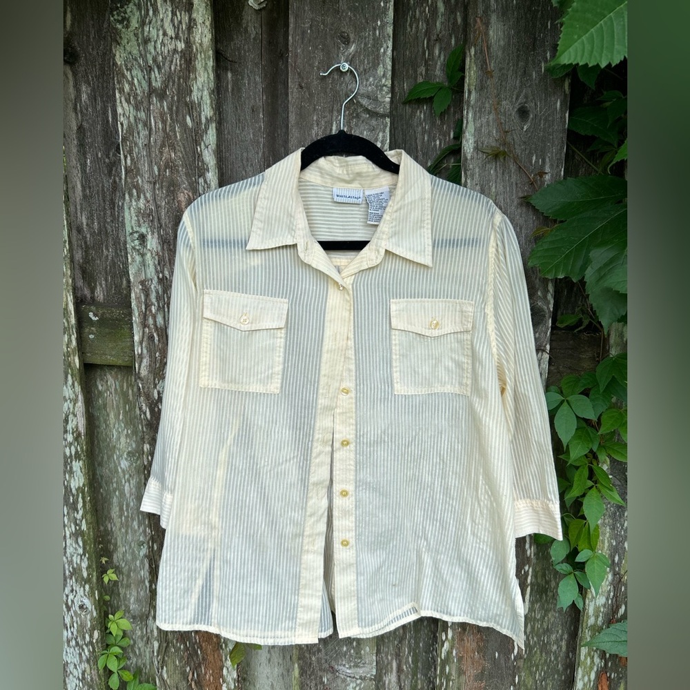 Y2K White Stag Sheer Striped Button-Up – Size L (12/14)